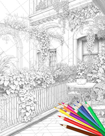 Charming Balcony Garden Grayscale Coloring Pages Printable for Adults, PDF File Instant Download
