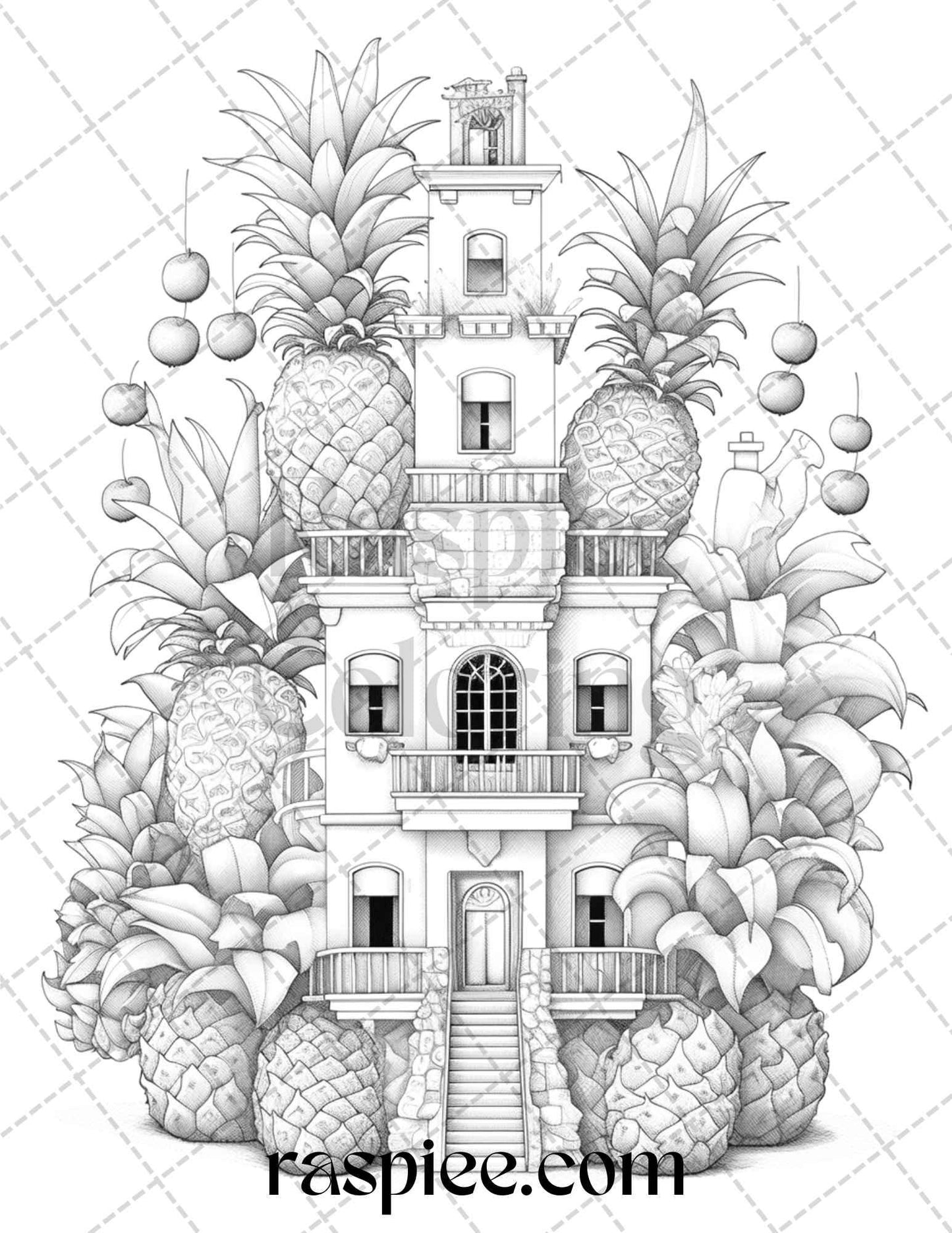 50 Pineapple Houses Grayscale Coloring Pages Printable for Adults, PDF File Instant Download