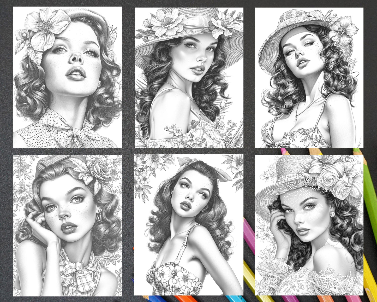 50 Vintage Spring Pin Up Girls Grayscale Adult Coloring Pages, Printable PDF Instant Download