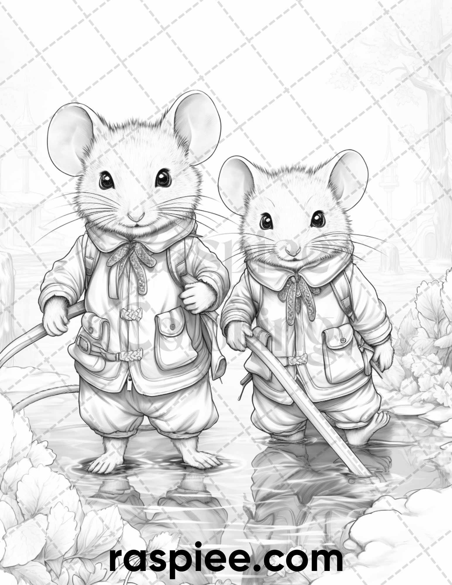50 Enchanting Fairytale Mice Grayscale Coloring Pages Printable for Adults, PDF File Instant Download