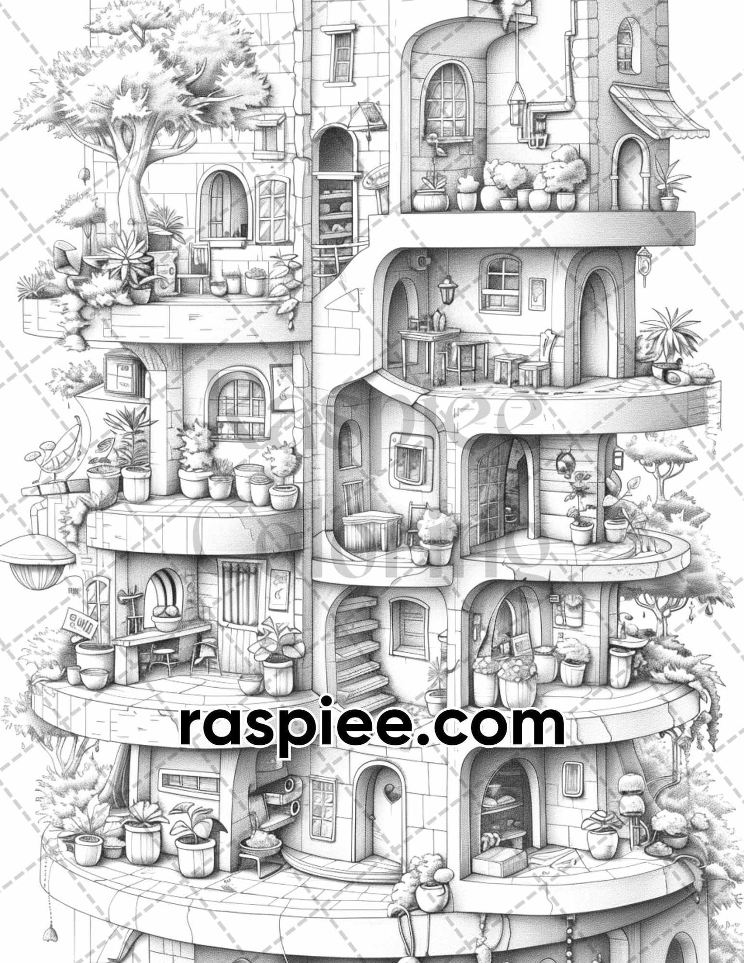 60 Isometric House Grayscale Adult Coloring Pages, Printable PDF Instant Download