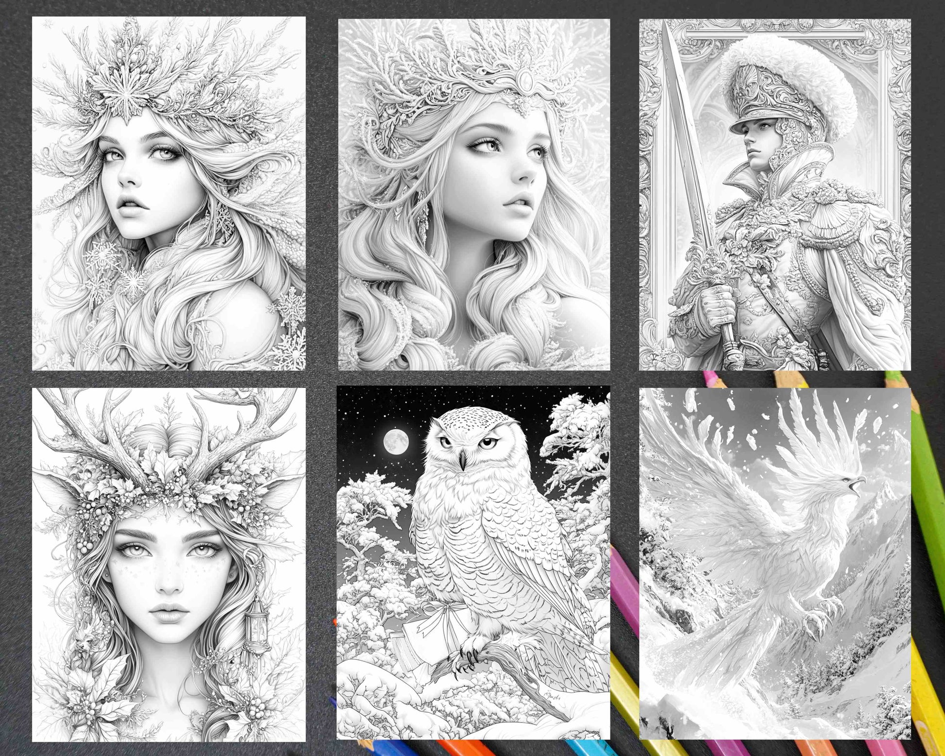 57 Winter Fairytale Portraits Adult Coloring Pages