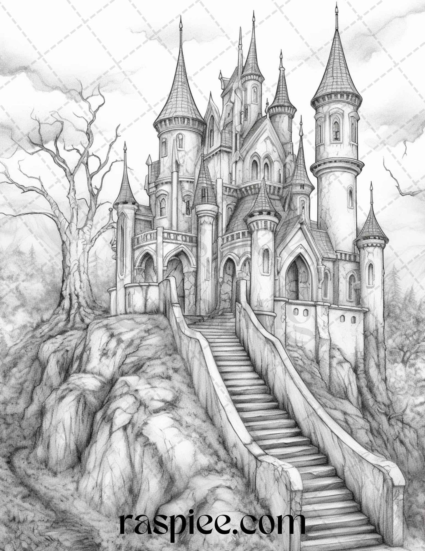 50 Haunted Castles Grayscale Coloring Pages Printable, Halloween Coloring Book, PDF File Instant Download