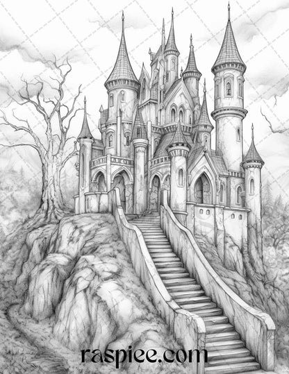 50 Haunted Castles Grayscale Coloring Pages Printable, Halloween Coloring Book, PDF File Instant Download