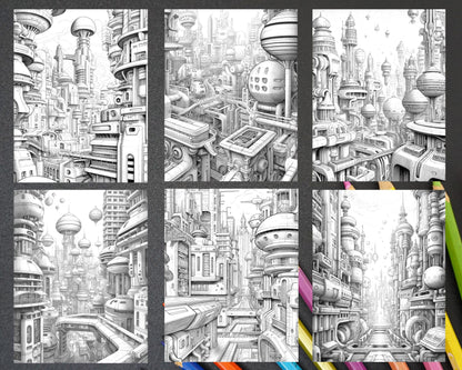 50 Futuristic Metropolis Grayscale Coloring Pages Printable for Adults, PDF File Instant Download
