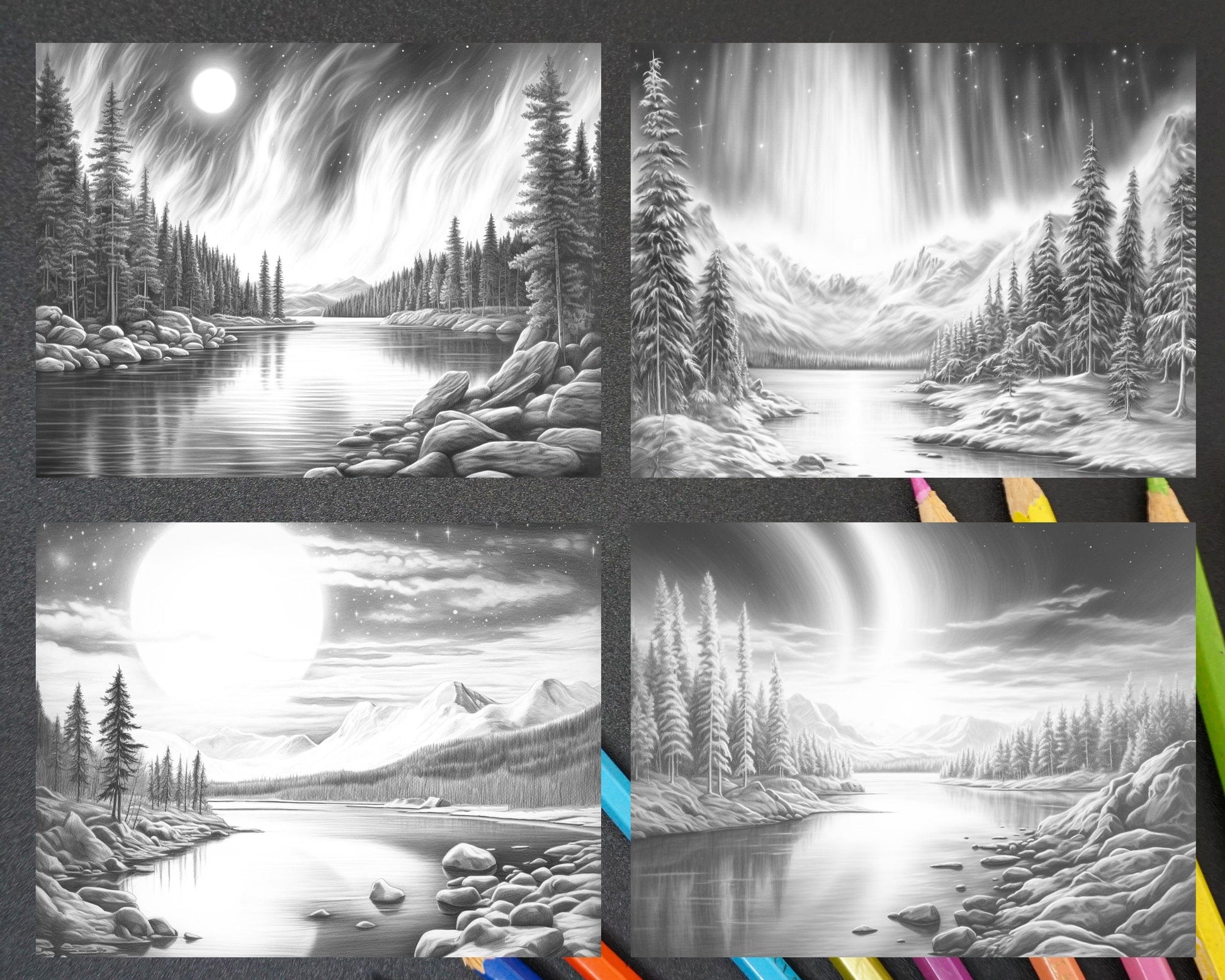Aurora Borealis Landscape Grayscale Coloring Pages for Adults, Printable PDF File Instant Download