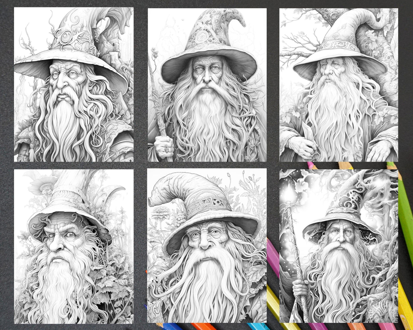 50 Magical Wizard Grayscale Coloring Pages for Adults, Printable PDF File Instant Download