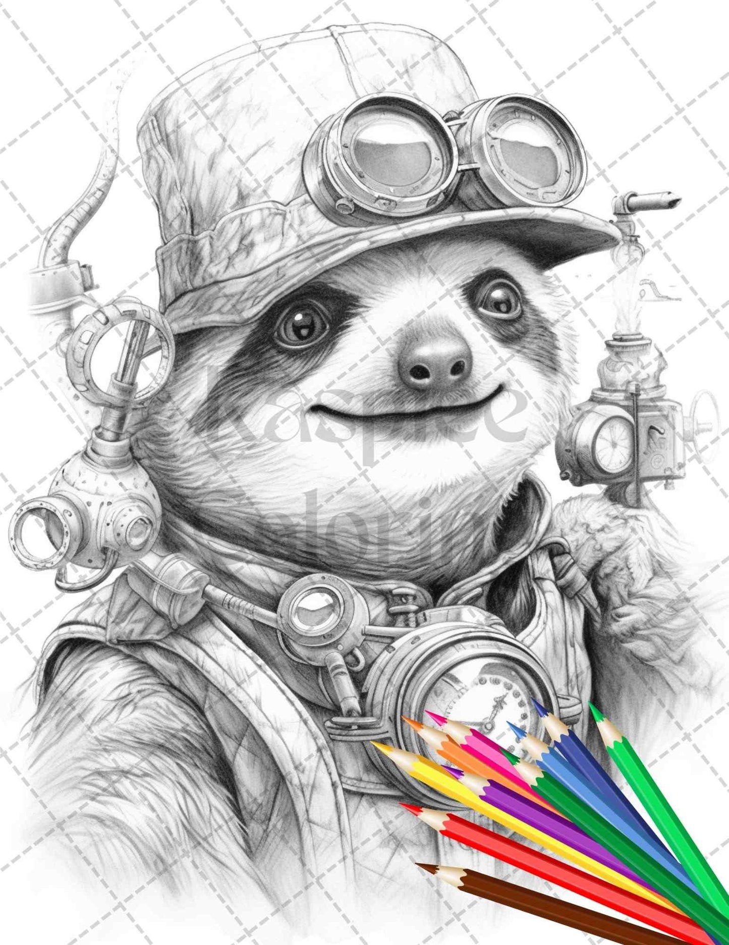 60 Steampunk Animals Grayscale Coloring Pages Printable for Adults, PDF File Instant Download