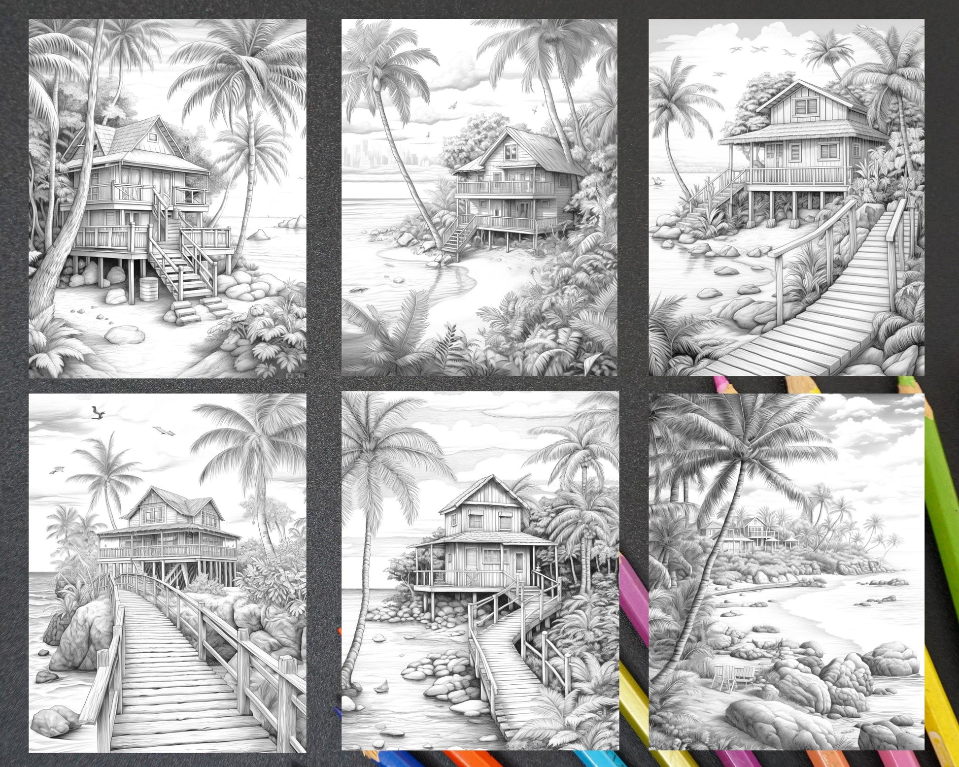 Beautiful Tropical Beach Grayscale Coloring Pages Printable for Adults, PDF File Instant Download