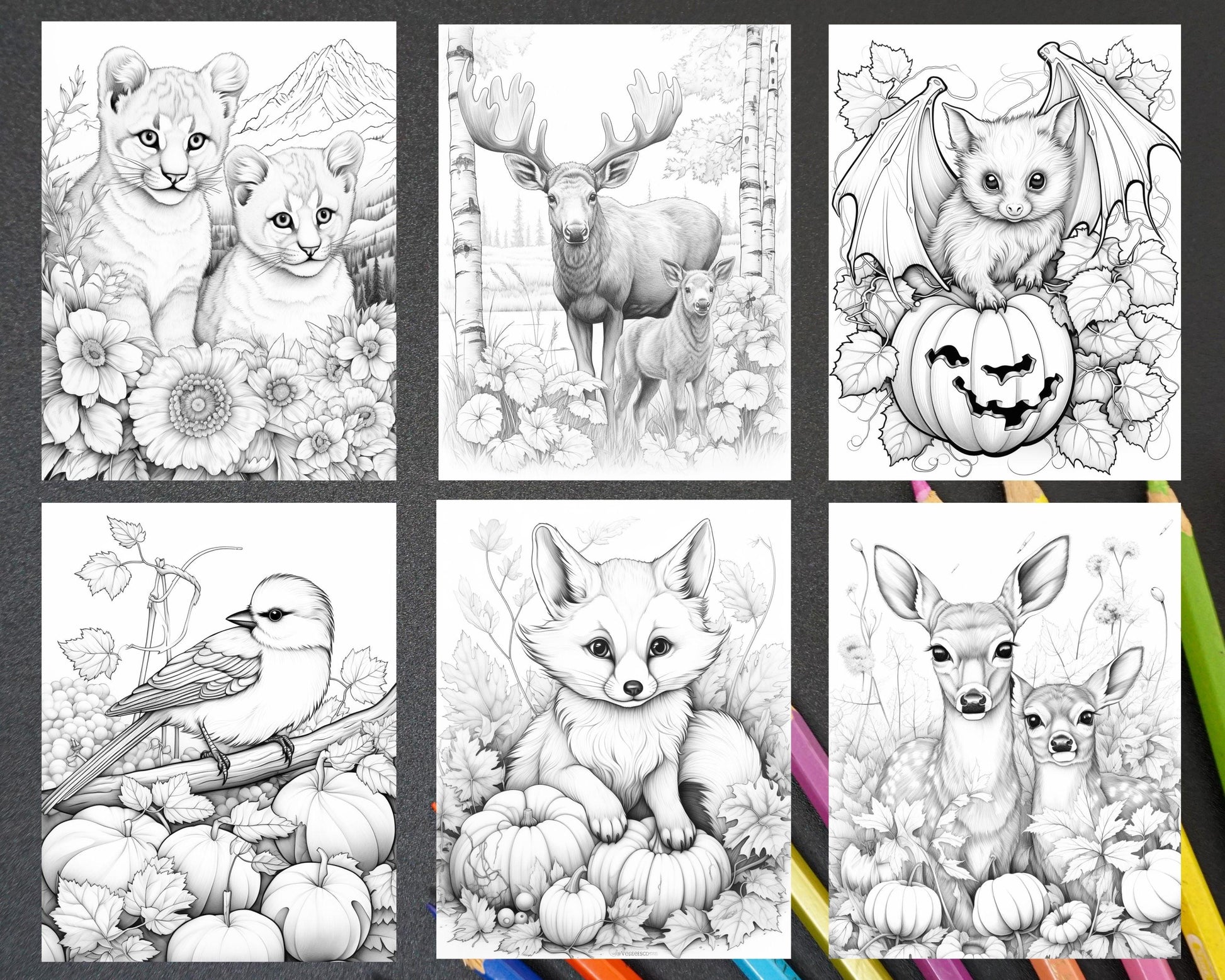 Autumn Animals Grayscale Coloring Pages for Adults and Kids, Printable PDF File Instant Download