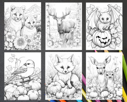 Autumn Animals Grayscale Coloring Pages for Adults and Kids, Printable PDF File Instant Download