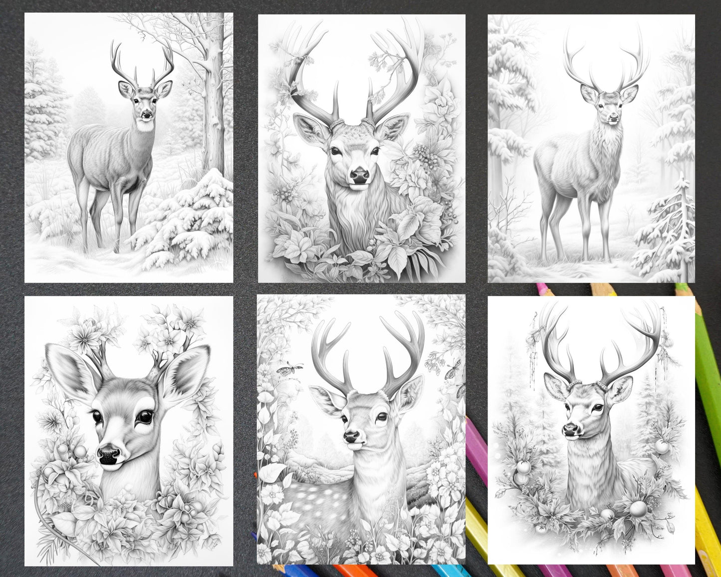 50 Christmas Deer Grayscale Coloring Pages for Adults, Printable PDF Instant Download