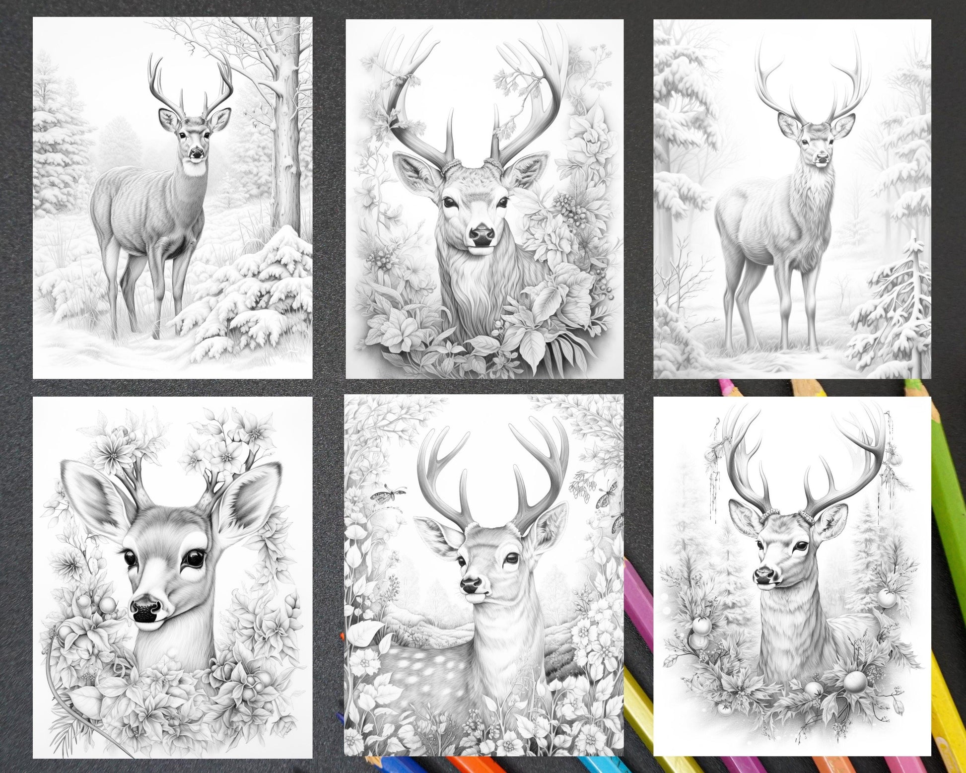50 Christmas Deer Grayscale Coloring Pages for Adults, Printable PDF Instant Download