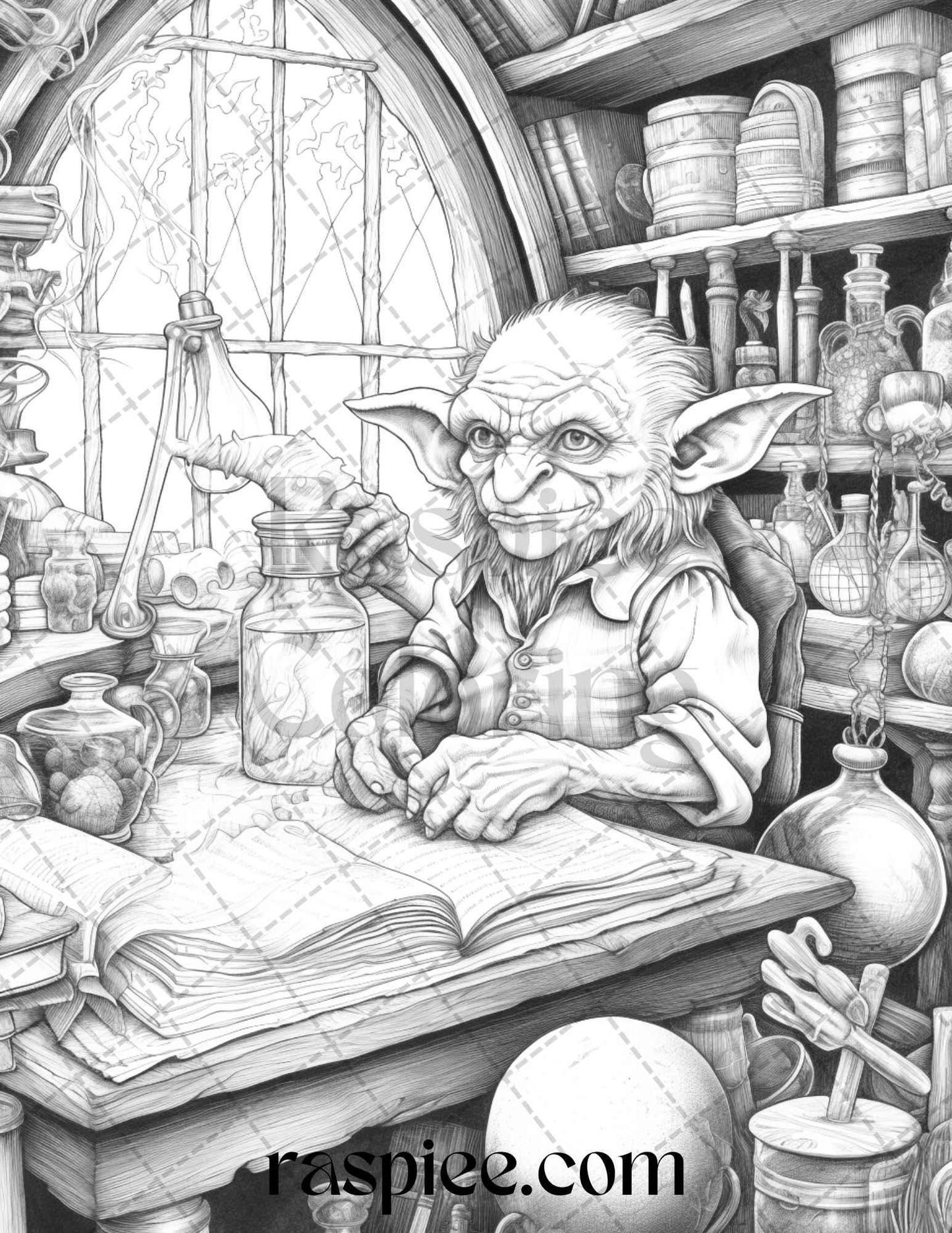 Fantasy Goblins Grayscale Coloring Pages Printable for Adults, PDF File Instant Download