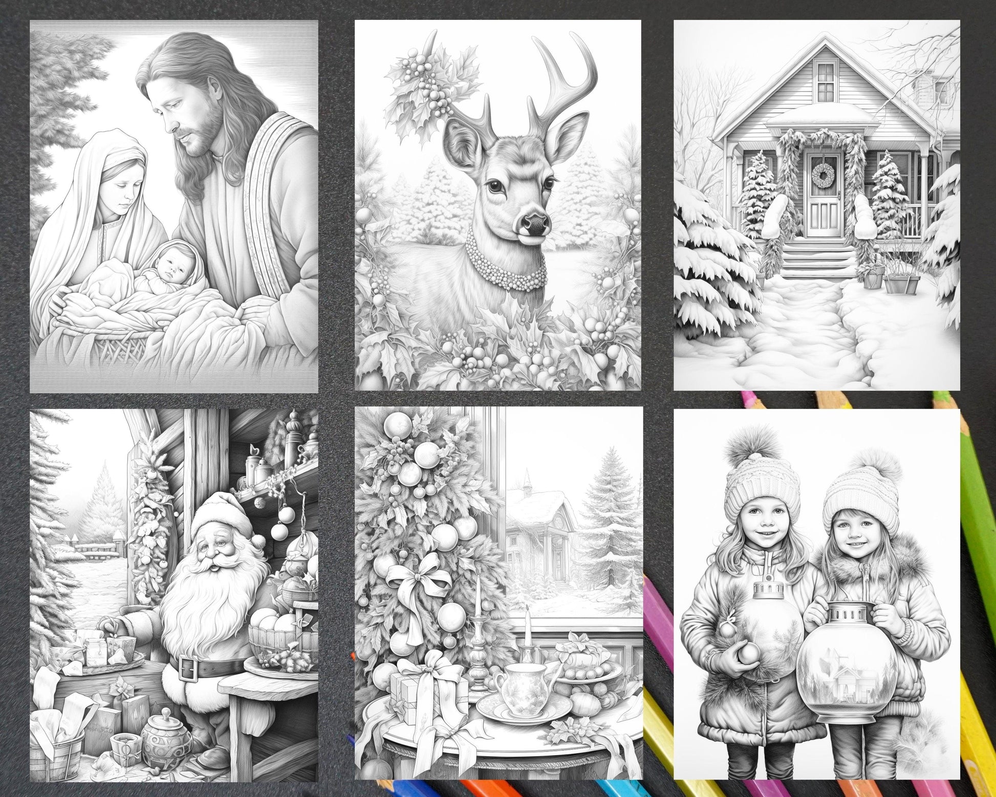 90 Merry Christmas Grayscale Coloring Pages Printable for Adults, PDF File Instant Download