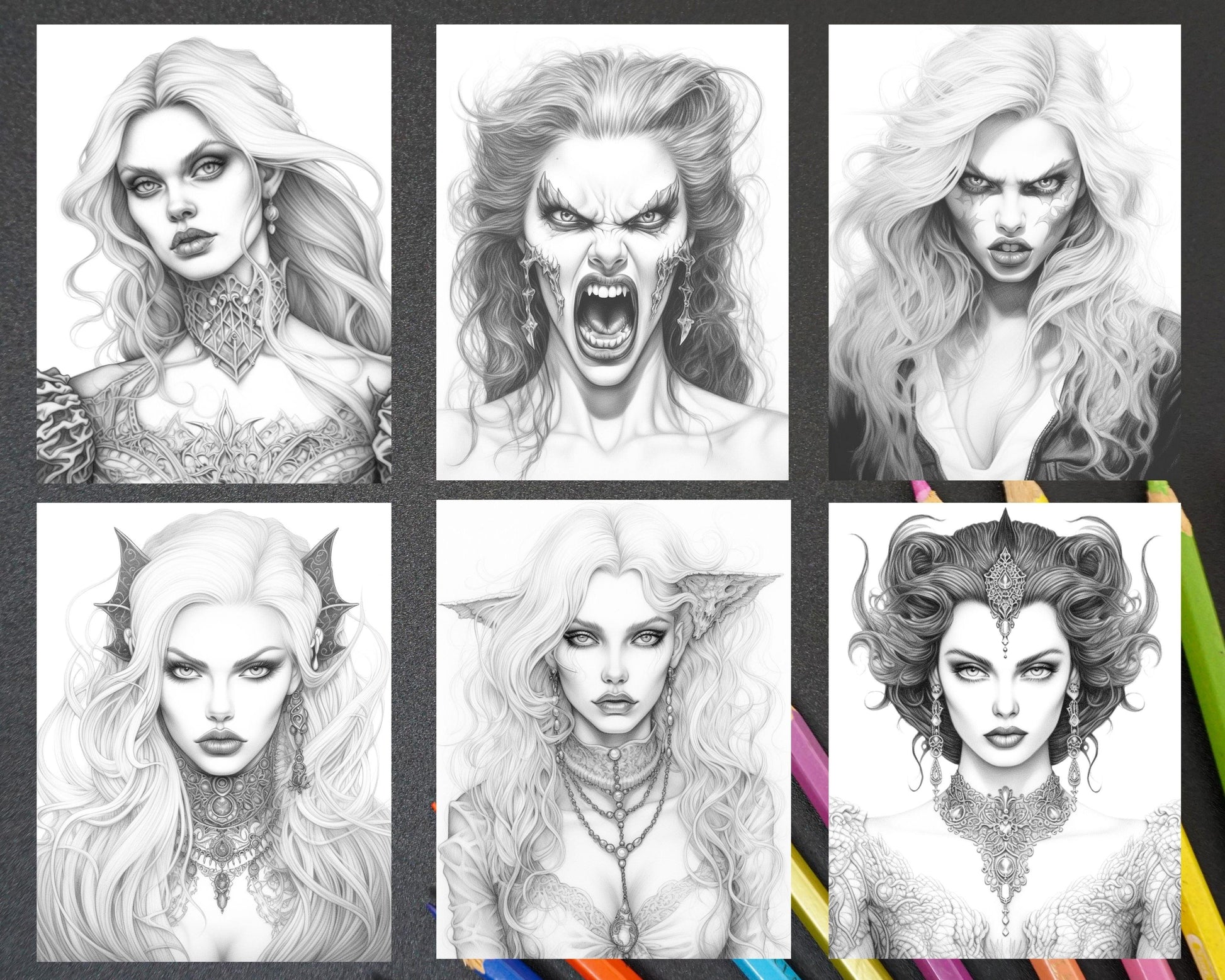 Bewitching Vampires Grayscale Coloring Pages Printable for Adults, PDF File Instant Download
