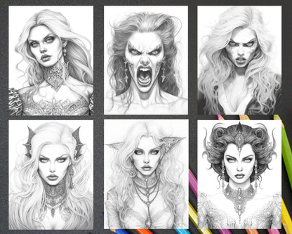 Bewitching Vampires Grayscale Coloring Pages Printable for Adults, PDF File Instant Download