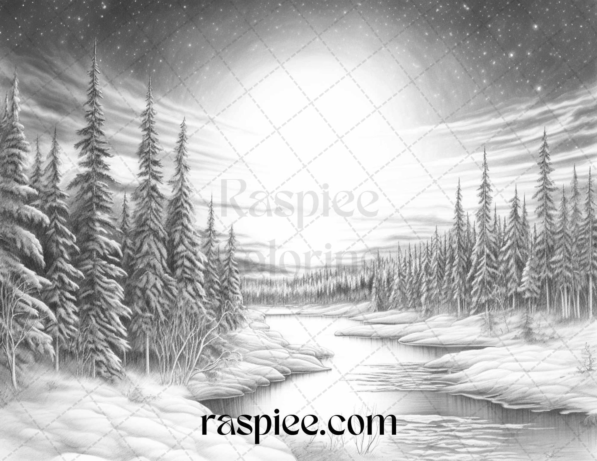 Aurora Borealis Landscape Grayscale Coloring Pages for Adults, Printable PDF File Instant Download