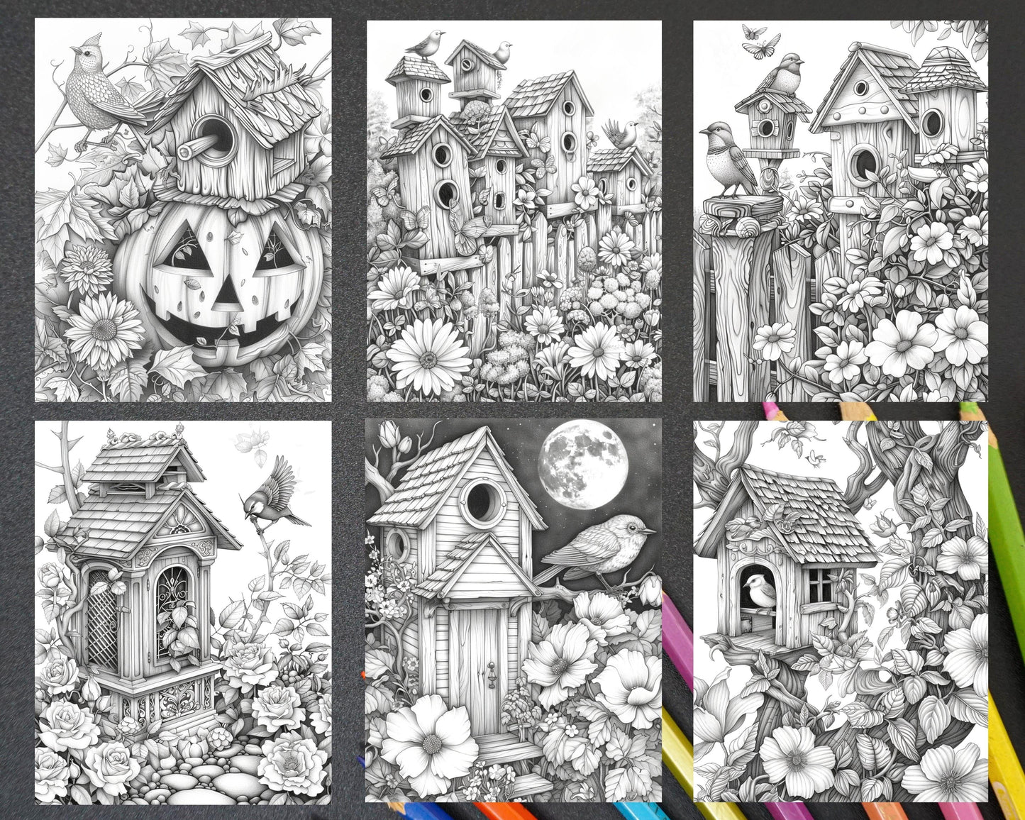 70 Enchanted Birdhouses Grayscale Adult Coloring Pages, Printable PDF Instant Download