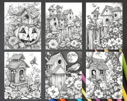70 Enchanted Birdhouses Grayscale Adult Coloring Pages, Printable PDF Instant Download