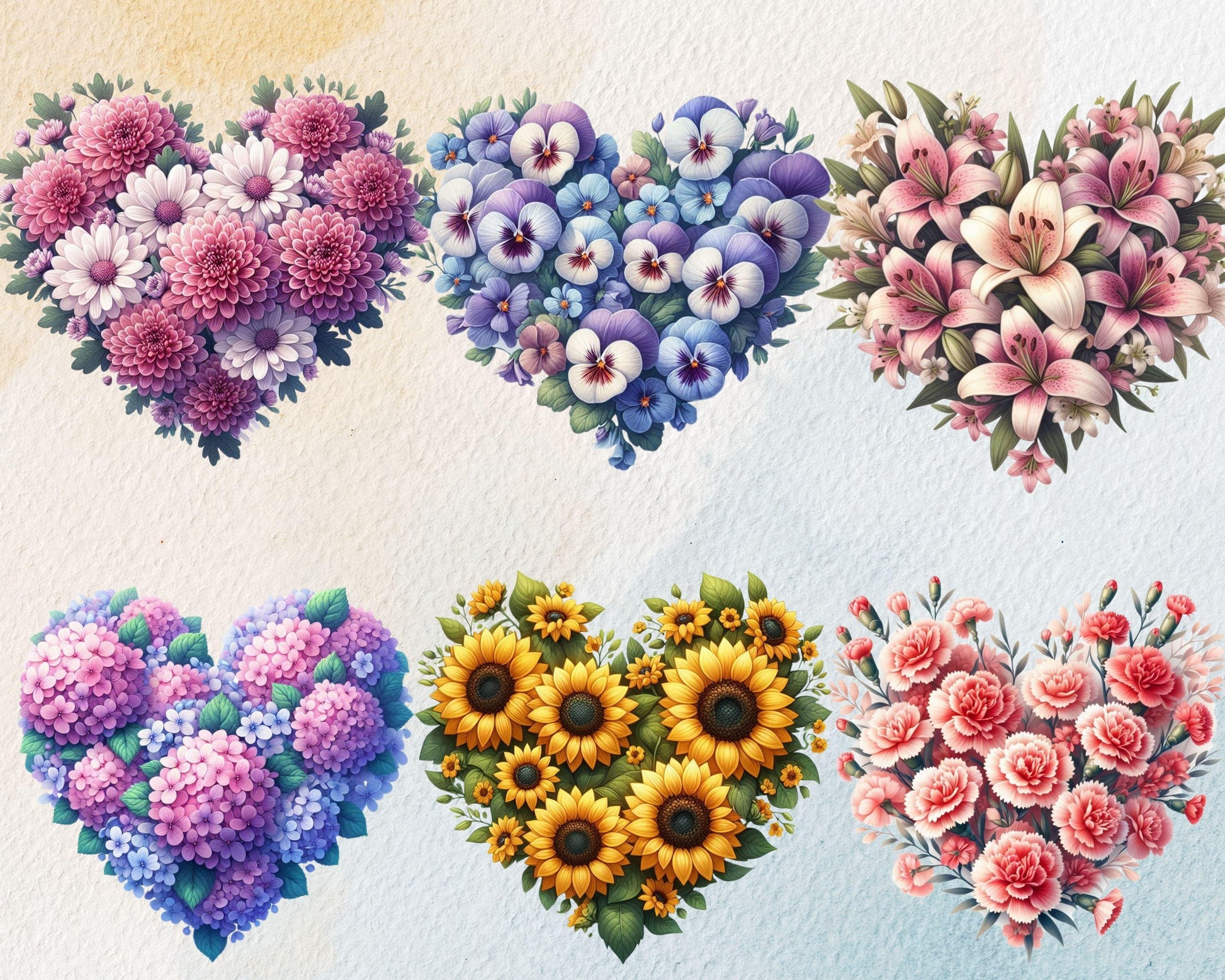Romantic Heart-Shaped Flowers Clipart Bundle, 35 PNG High-Res Files for DIY and Commercial Use