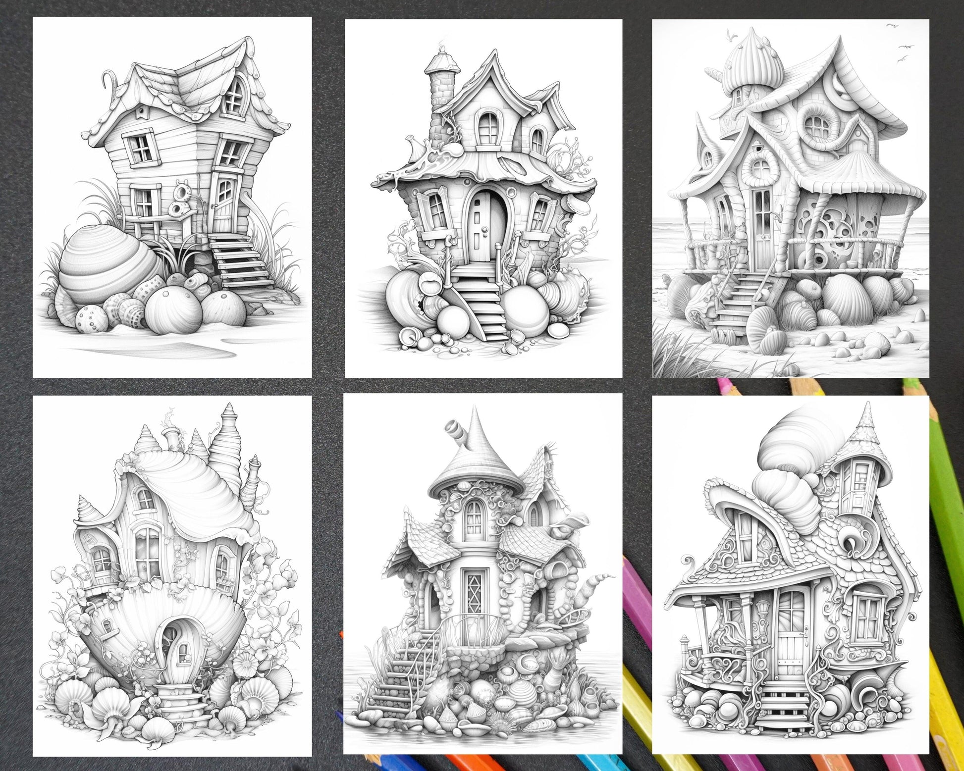50 Seashell Houses Grayscale Adult Coloring Pages, Printable PDF Instant Download