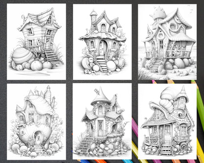 50 Seashell Houses Grayscale Adult Coloring Pages, Printable PDF Instant Download
