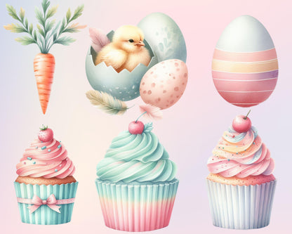Charming Pastel Easter Clipart Bundle, 34 PNG High-Res Files for Commercial Use