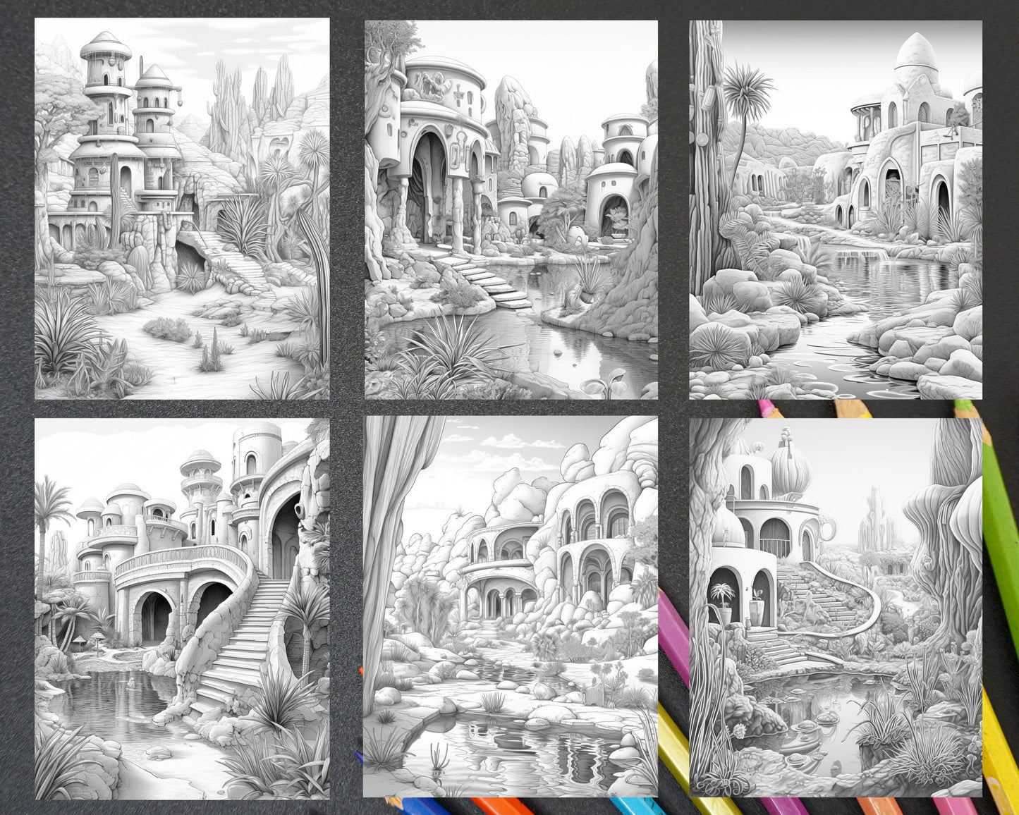 55 Desert Oasis Fairy Homes Grayscale Coloring Pages for Adults, Printable PDF Instant Download