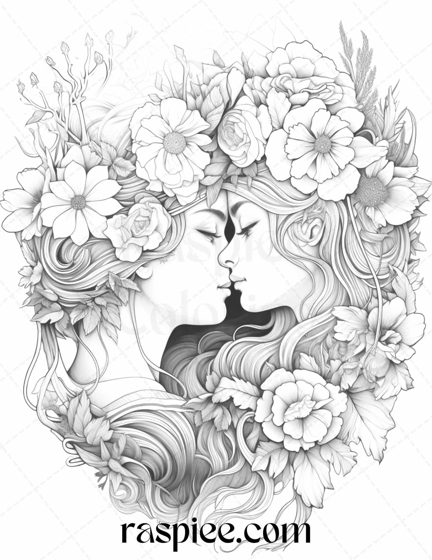 50 Romantic Couple Flowers Grayscale Coloring Pages Printable for Adults, PDF File Instant Download