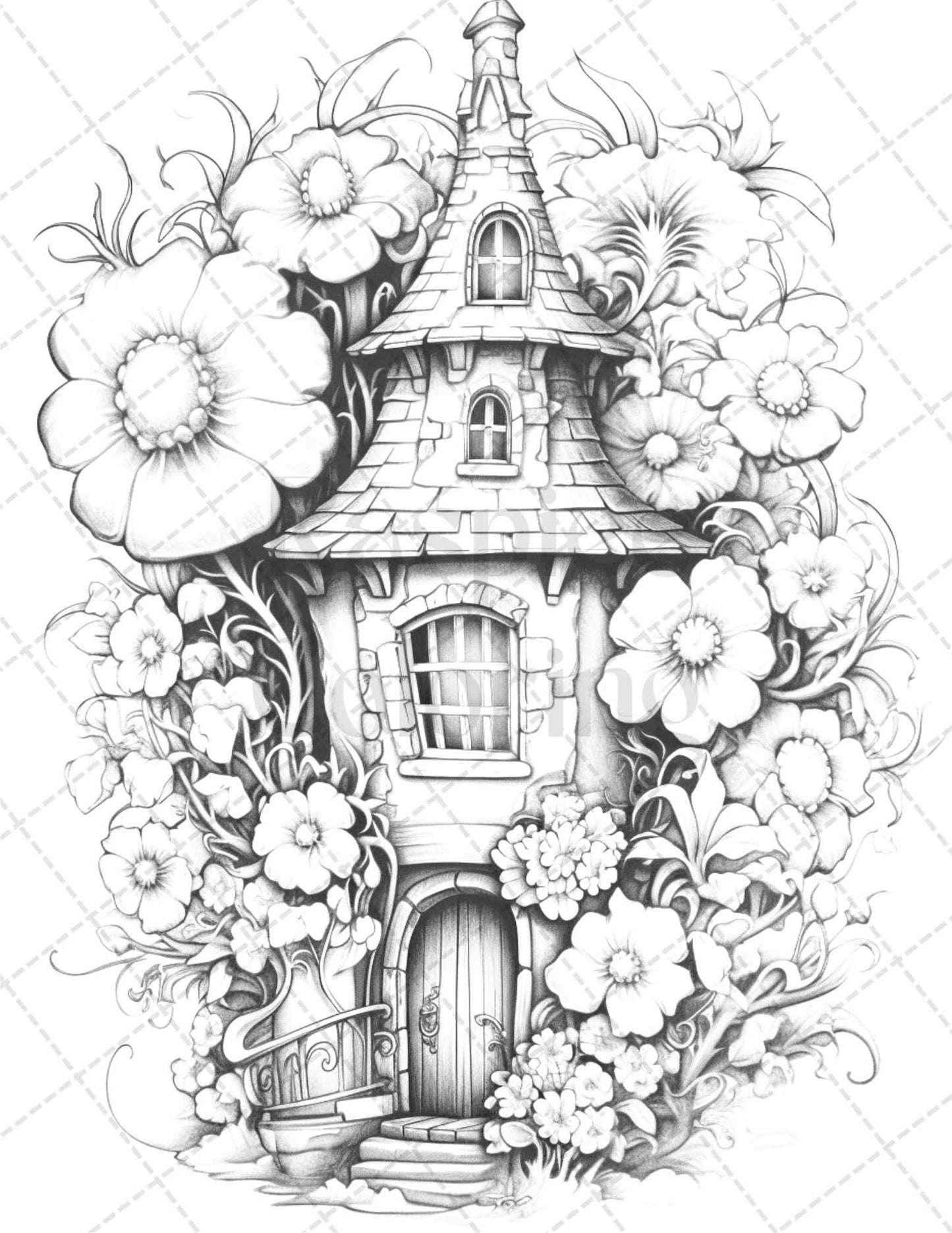 60 Flower Houses Grayscale Coloring Pages Printable for Adults, PDF File Instant Download