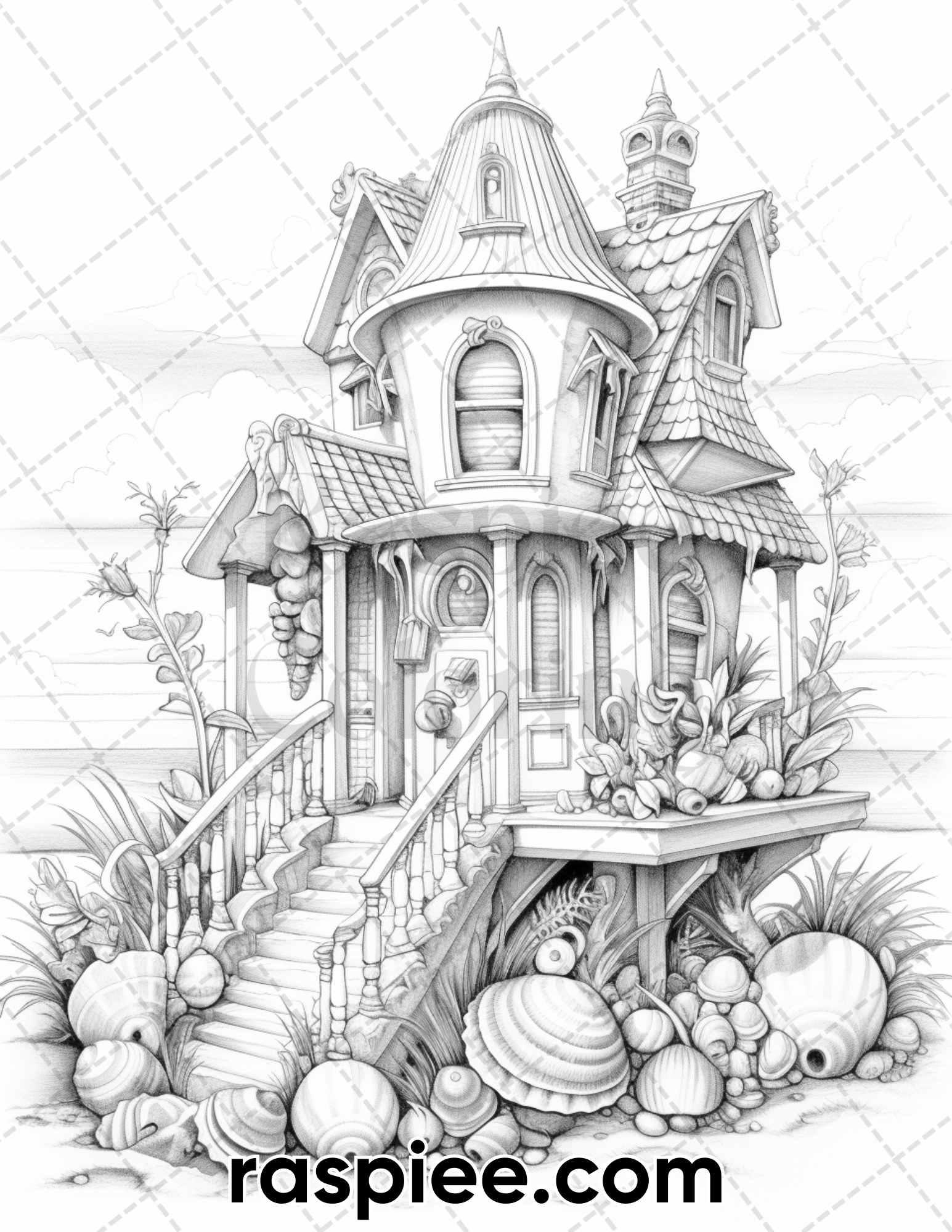 50 Seashell Houses Grayscale Adult Coloring Pages, Printable PDF Instant Download
