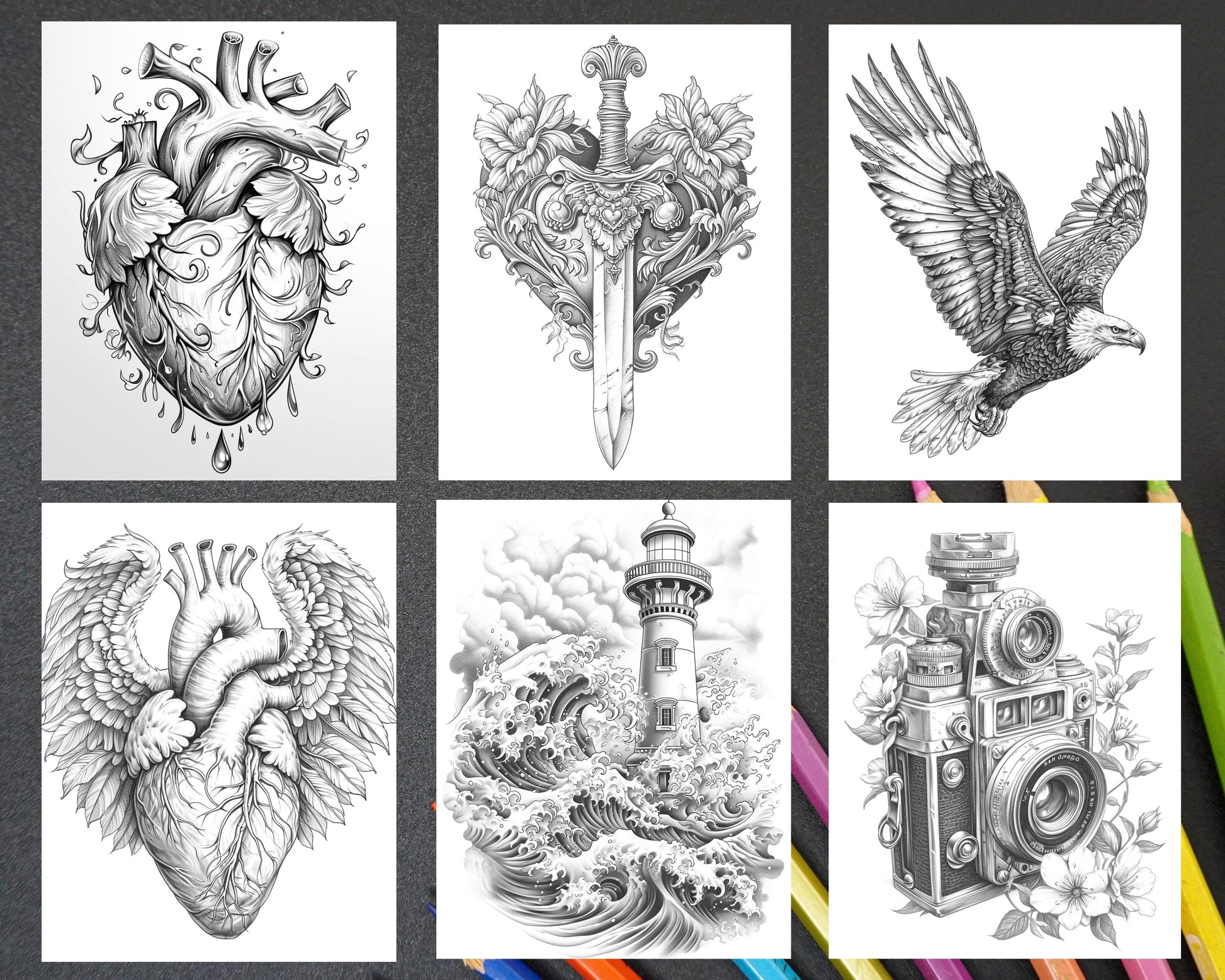 62 Classic American Tattoos Grayscale Adult Coloring Pages, Printable PDF Instant Download