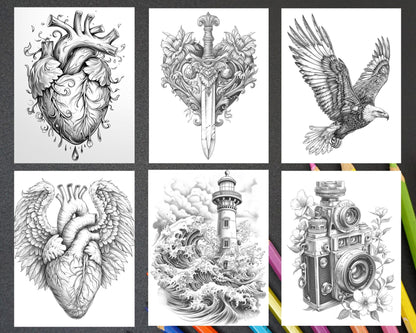 62 Classic American Tattoos Grayscale Adult Coloring Pages, Printable PDF Instant Download