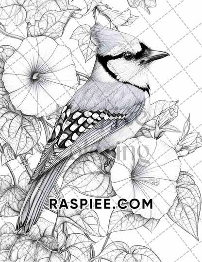 Flowers and Birds Adult Coloring Pages Printable PDF Instant Download