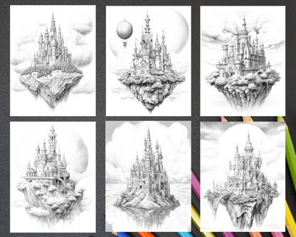 Floating Castle in the Sky Grayscale Coloring Pages for Adults, Printable PDF File Instant Download