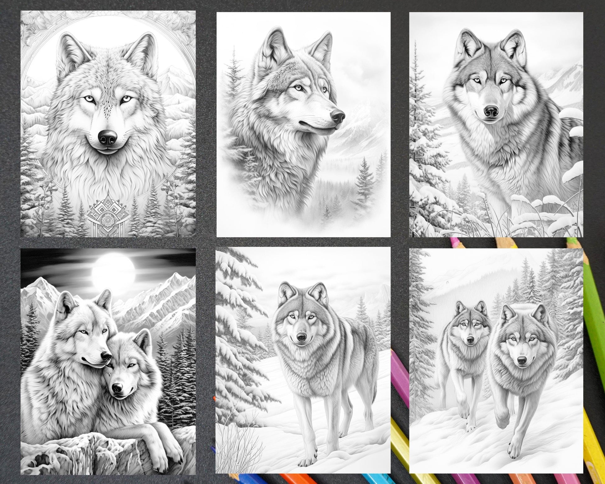 50 Winter Wolf Grayscale Coloring Pages for Adults, Printable PDF Instant Download