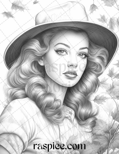 55 Autumn Pin Up Girls Grayscale Coloring Pages Printable for Adults, PDF File Instant Download
