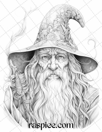 50 Magical Wizard Grayscale Coloring Pages for Adults, Printable PDF File Instant Download
