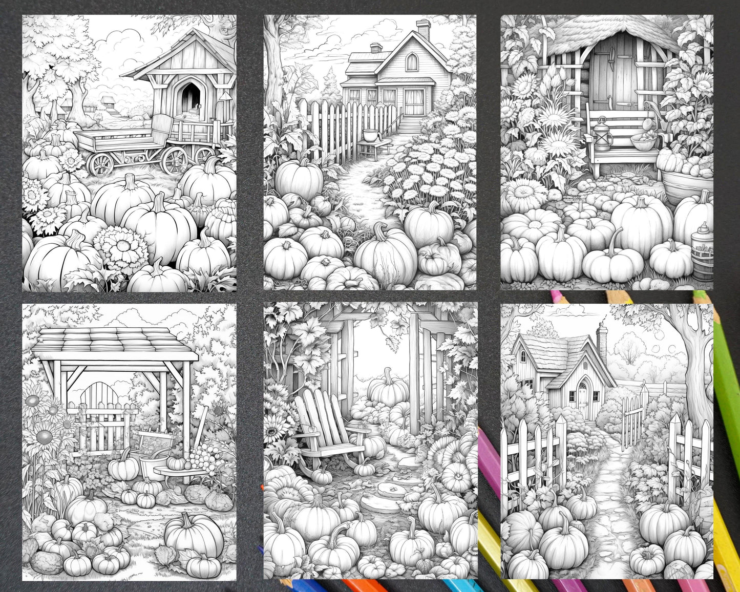 Pumpkin Garden Scenery Grayscale Coloring Pages Printable for Adults, PDF File Instant Download