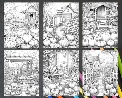 Pumpkin Garden Scenery Grayscale Coloring Pages Printable for Adults, PDF File Instant Download