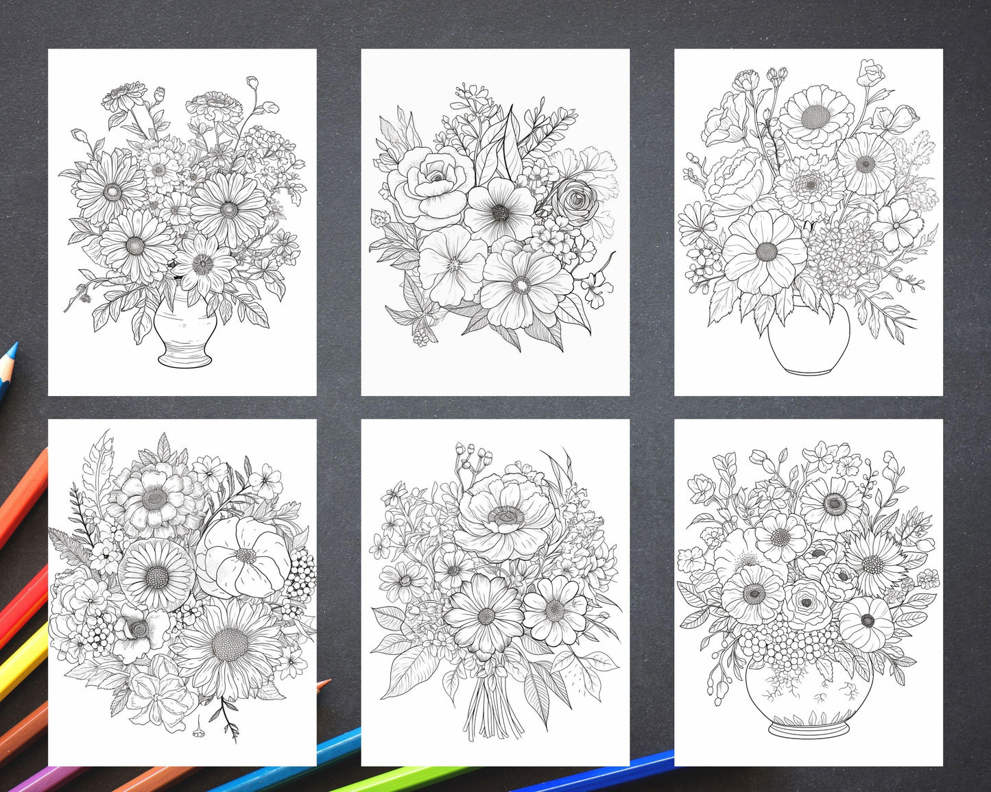 100 Printable Flower Vase Coloring Pages for Adults, Floral Grayscale Coloring Book, Printable PDF File Download