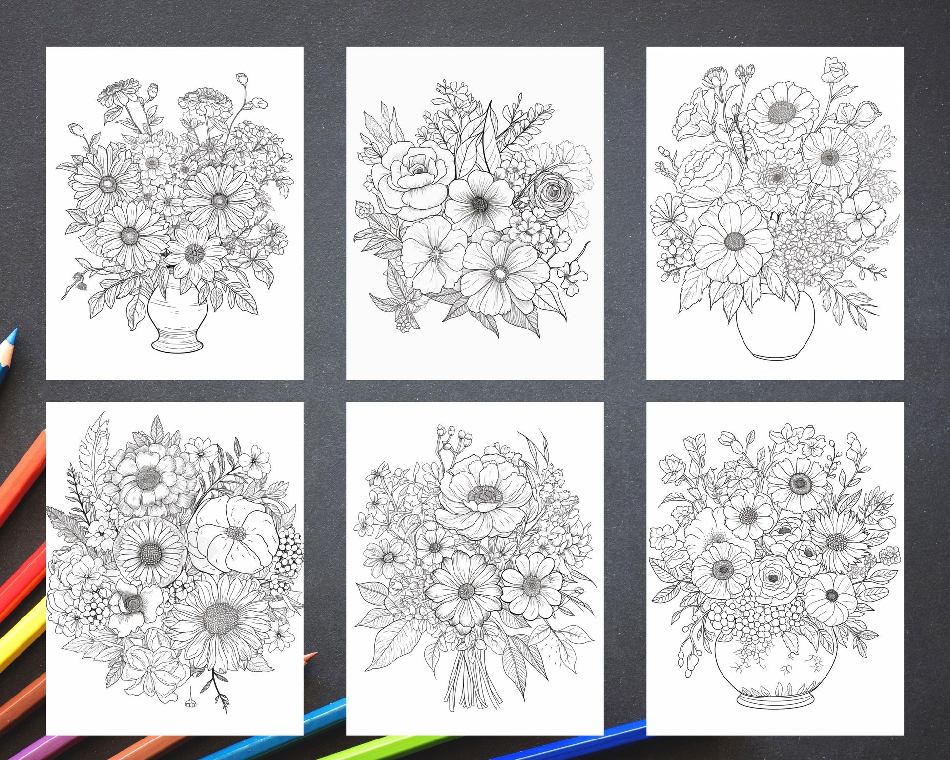100 Printable Flower Vase Coloring Pages for Adults, Floral Grayscale Coloring Book, Printable PDF File Download