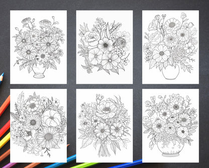 100 Printable Flower Vase Coloring Pages for Adults, Floral Grayscale Coloring Book, Printable PDF File Download
