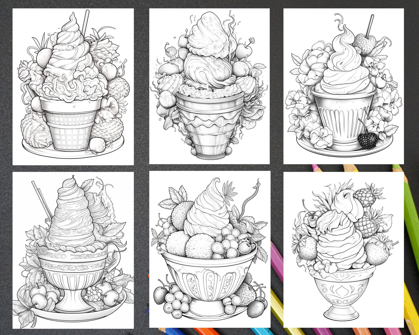 52 Printable Ice Cream Desserts Coloring Pages for Adults and Kids, Grayscale Coloring Page, PDF File Instant Download