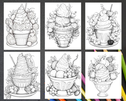 52 Printable Ice Cream Desserts Coloring Pages for Adults and Kids, Grayscale Coloring Page, PDF File Instant Download