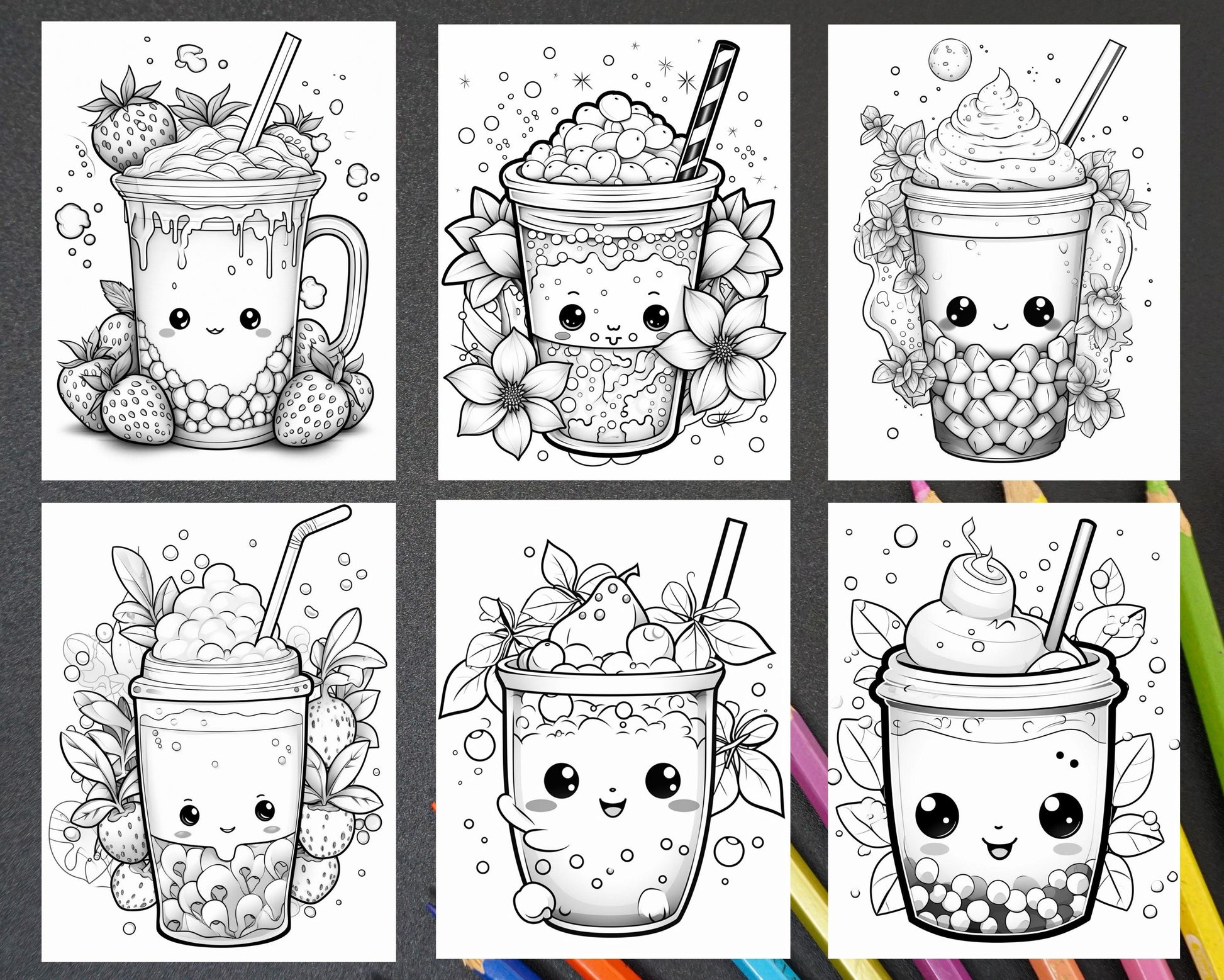 50 Cute Kawaii Boba Tea Grayscale Coloring Pages for Adults and Kids, Printable PDF File Instant Download