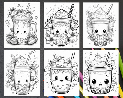 50 Cute Kawaii Boba Tea Grayscale Coloring Pages for Adults and Kids, Printable PDF File Instant Download