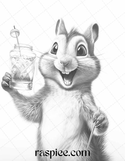 52 Adorable Squirrels Grayscale Coloring Pages Printable for Adults Kids, PDF File Instant Download