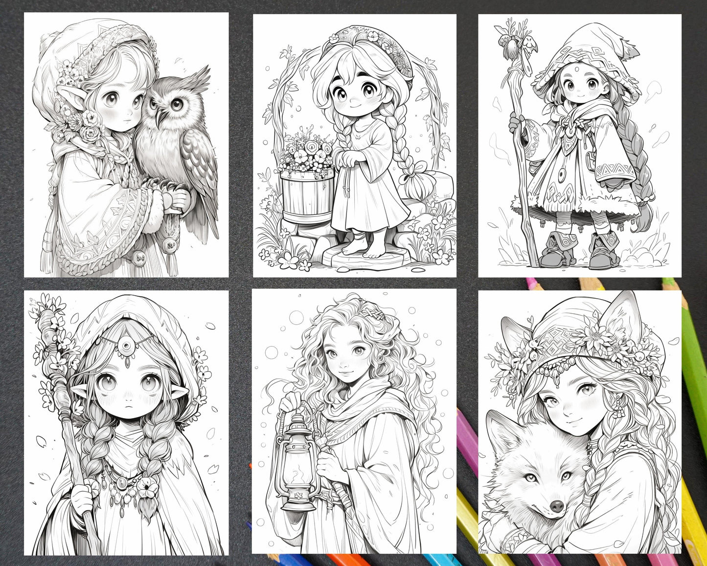 52 Cute Druid Girl Grayscale Coloring Pages for Adults, Printable PDF Instant Download